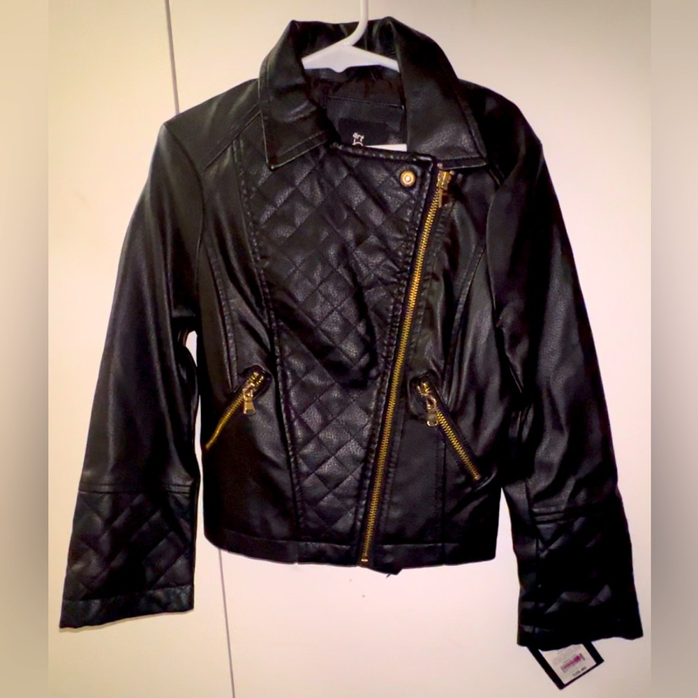 Art Class Girls' Full-Zip Quilted Black Faux Leather Jacket Coat Size XS 4/5